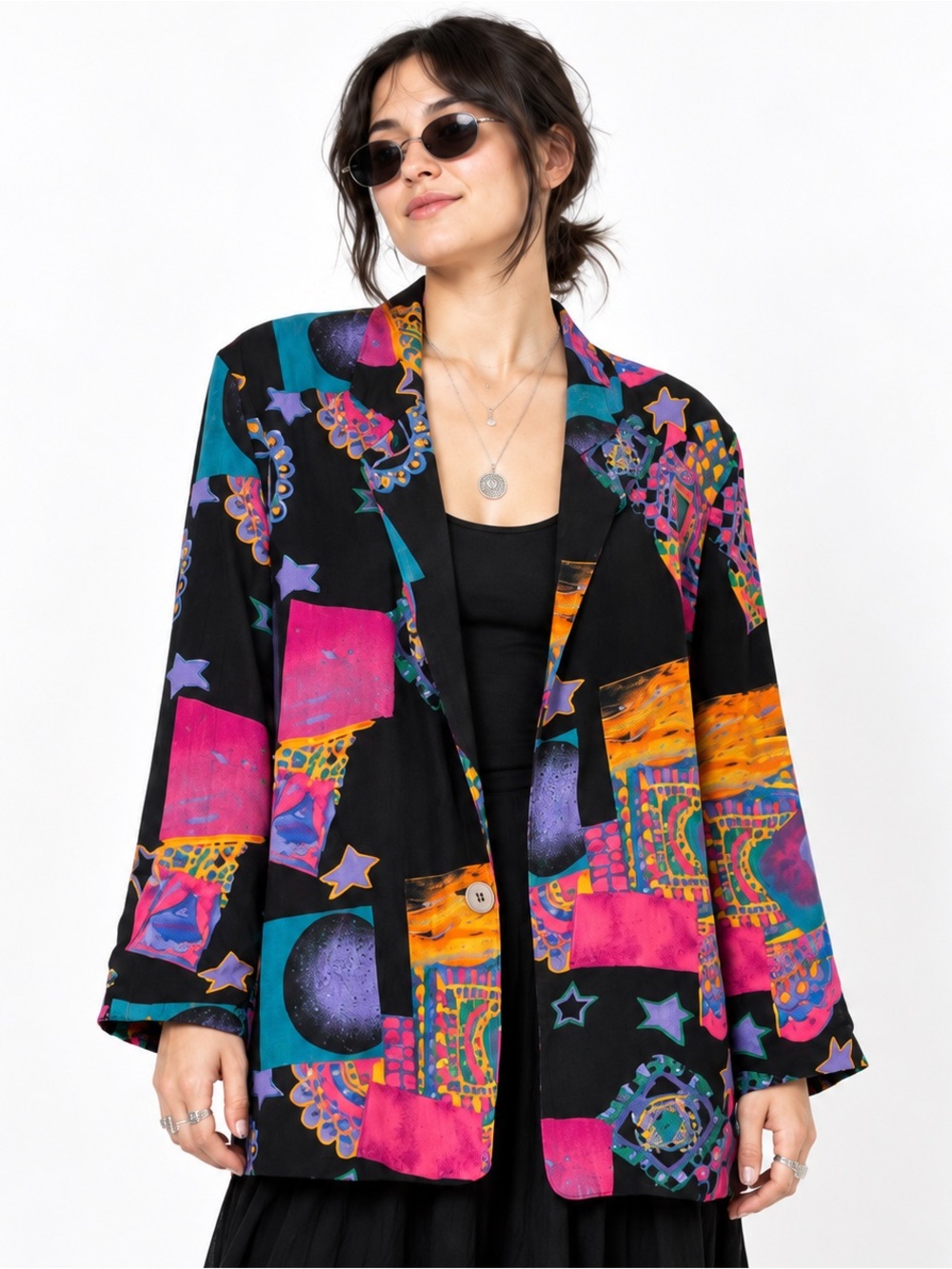 Chocolates Vintage 90s Black Celestial Art Print Rayon Blazer 8 Fits Small/Med